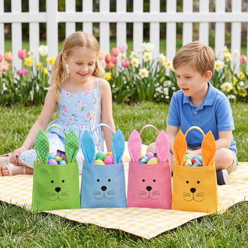 HGRGHH 4 Stück Ostertasche Kinder mit Ohren, Geschenktüten Ostern aus Leinen, Wiederverwendbare Ostertüten zum Befüllen, Strickmuster Osterkörbchen Kinder für Süßigkeiten, Kekse, Spielzeug Usw