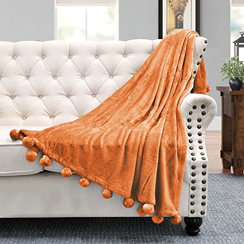Bytide Pom Pom Throw Blankets Couch Cover Flannel Fleece Throw With Pompom Fringe Tassels, Plush Fluffy Cozy Warm Soft Lightweight Throw For Couch Sofa Bed Chair, 60" X 80", Burnt Orange #TOP2