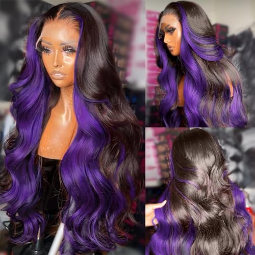 MARRY MOON 13x6 Highlight Purple Ombre Human Hair Wigs for Women 180% Density 13x6 Lace Frontal Black and Purple Lace Front Wigs Human Hair Body Wave Skunk Stripe Glueless Wig Pre Plucked (20inch)