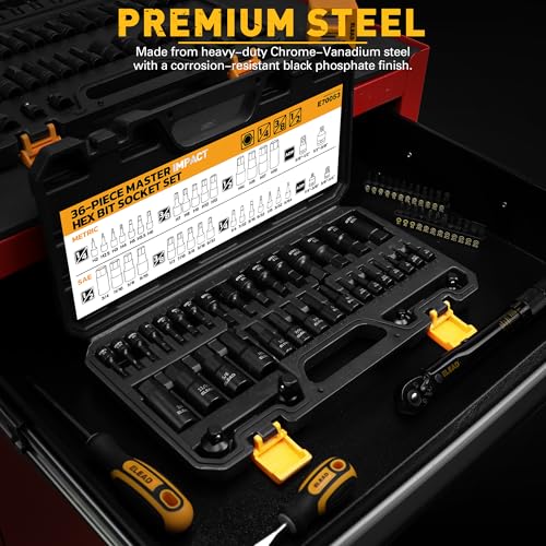 Image of 36-Piece One-Piece Hex Bit Socket Set includes Socket Adapter, 1 /4 inch, 3 /8 inch, 1 /2 inch, Cr-V Steel, SAE and Metric Set, Reinforced Storage Case, Automotive Mechanic Professional Master Tool Set