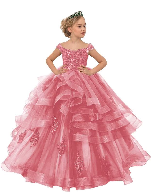 Girl's Off Shoulder Flower Girl Dress Appliques Ruffles Kids Pageant Dresses Princess Kids Party Gown