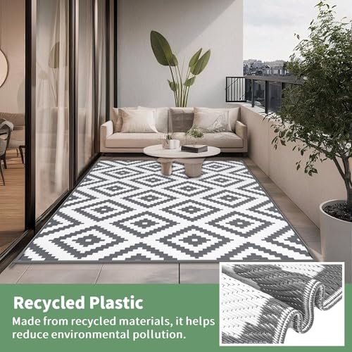 Habaylin Outdoor Teppich Wetterfest, Wendbarer Balkon Teppich 180x270 cm, Leichtgewicht Picknickdecke Vorzeltteppich für Camping Terrasse Garten, Grau