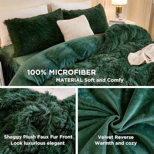 Andency Fluffy Emerald Green Comforter Set King Size, 3 Pieces Winter Faux Fur Warm Soft Fuzzy Plush Bedding Comforter Set (1 Velvet Comforter & 2 Pillowcases), Thick Heavy Puffy Comfy Bedding Set