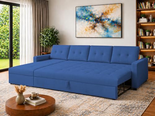 Image of Emilio 6 Seater LHS L - Shape Pull-Out Sofa Cum Bed Sofa for Living Room (Blue Fabric Color) Premium Fabric Sofa Set for Living Room Sofa Cum Bed