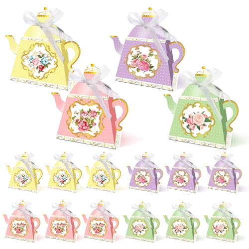 Chris.W 12 Pcs Floral Tea Party Favor Bags Vintage Tea Party Supplies Lets Partea Party Favor Boxes Paper Floral Teapot Spring Themed Bags with Handle for Wedding Birthday Tea Party Decorations (Pink, Green, Purple, Yellow)