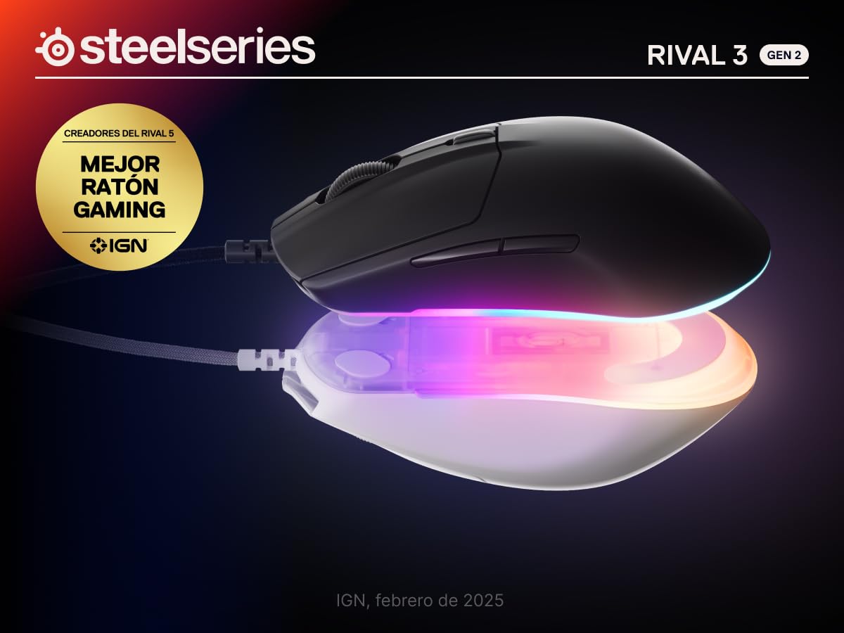 SteelSeries Mouse da gioco Rival 3 Gen 2 - Sensore ottico TrueMove Core da 8500 DPI - Durata 60 milioni di clic - Bassa latenza - 77g Leggero - Piedi 100% PTFE - RGB - Nero
