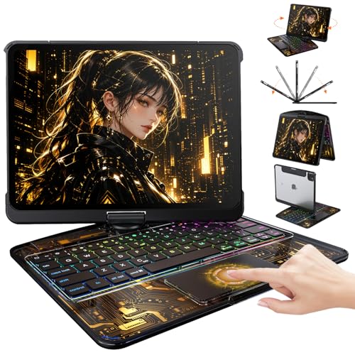 Image of Cyberpunk Clear Keyboard Case for iPad 9th /8th /7th Gen 10.2 inch, 360 Degree Rotating Case with Multi-Touch Trackpad, 7-Color Backlit, Pencil Holder, Battery Display, Black