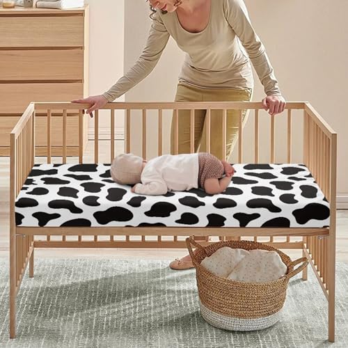 Image of Cow Pattern Fitted Crib Sheet Black White Cowhide Baby Crib Sheet Fit Standard Crib and Toddler Mattress,Crib Mattress Sheets for Boys Girls 28 inchx52 inch