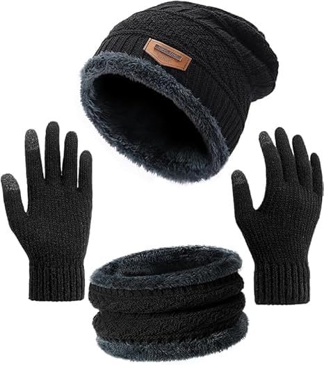 Cap & Gloves for Men & Women | Soft Knitted Woollen Lightweight Warm Beanie Cap & Gloves | Set of Beanie Cap, Neck Warmer & Winter Gloves for Men & Women |