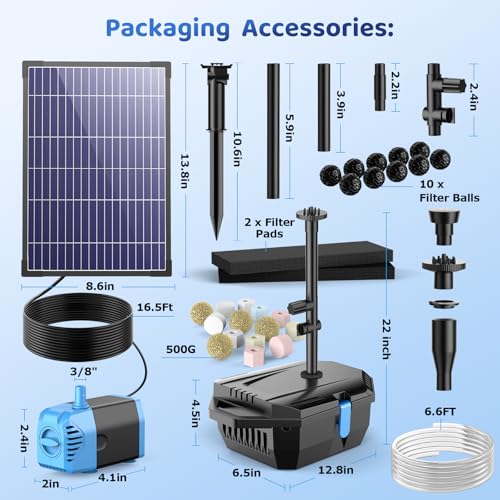 Image of Antfraer 12W Solar Fountain Pump & Pond Filter Kit - Integrated Filtration System with 4 Nozzles, 6.6FT PVC Tubing Pond Filter for Outdoor Ponds, Gardens, Waterfalls, Fountains