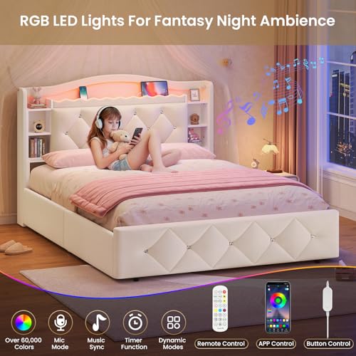 Image of DICTAC Full Size Bed Frame for Kids with 4 Storage Drawers, Bookcase Headboard, LED Lights and Power Outlets, Diamond Tufted Velvet Upholstered Princess Platform Bed, Heavy-Duty Metal Support, Beige