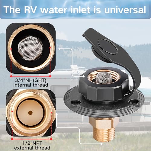 Image of RV City Water Inlet with Check Valve - 3 /4″ NH to 1 /2″ NPT Brass, Matte Black Dust Cap