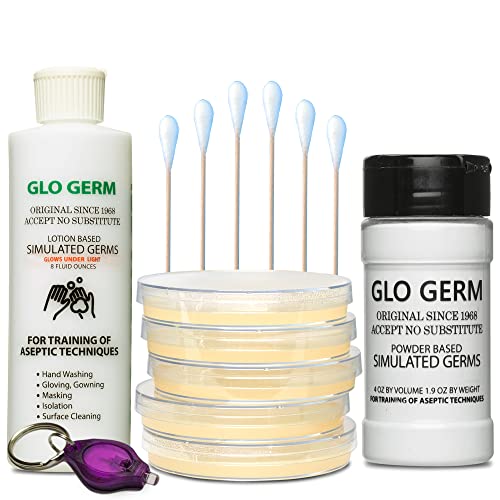 Glo Germ Gel, Powder, Agar Plates Set â€“ Evviva Sciences - 8 Ounce Glo Germ Gel â€“ 4 Ounce Glo Germ Powder â€“ 5 Nutrient Agar Plates (Shipped Separately) - Keychain Flashlight & Swabs Included â€“ Learn Microbiology Now!