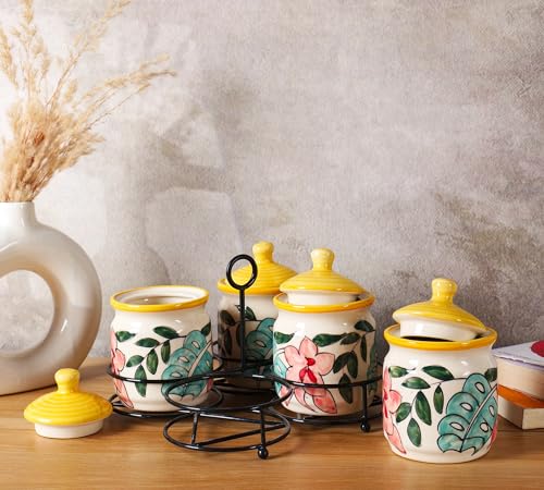 Image of Niyara Handcrafted Ceramic Pickle Jar Set, Premium Metal Tray & Lids - Multipurpose Storage for Pickles, Chutneys, Spices & Condiments, Set of 4, 300ML /Each with metal tray (flower print)
