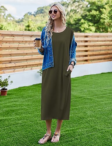 Image of Ekouaer Women's Nightgown Short Sleeve Sleepshirt Long Loungewear Casual Maxi Lounge Dress House Dresses with Pockets