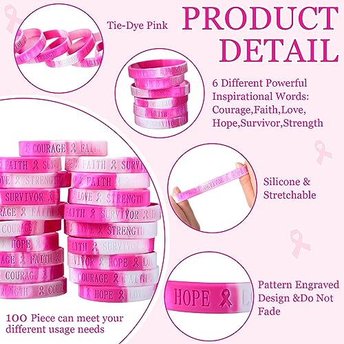 Liliful Breast Cancer Awareness Bracelet Pink Ribbon Silicone Bracelets Engraved 6 Words Hope Faith Courage Survivor Love Strength Wristbands Breast Cancer Awareness Accessories3