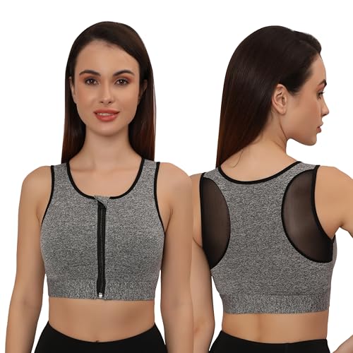 Image of GLAMORAS Women's Wirefree Full Coverage Sports Bra Medium Impact Mesh Racerback Design with Front Zip, Removable Pads Ideal for Gym, Yoga, Fitness Workouts