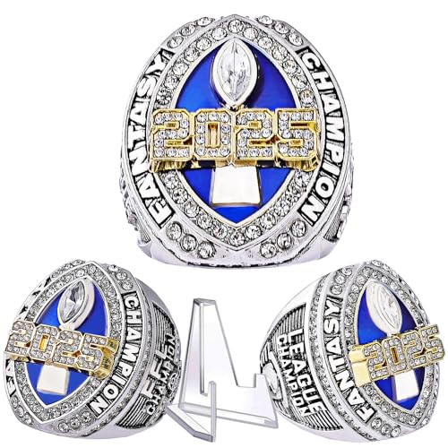 Fantasy Football Ring 2025 With Box | Heavy FFL Championship Ring | Gold Silver Tone Plated Award Trophy for Fantasy Football League Winner (ring and stand together size 11)