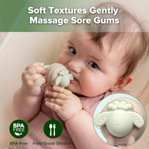 Image of haakaa Twisty Tilly Silicone Sheep Teether, Soft Textures for Sore Gums, Easy-to-Grip Rotating Ring Design Encourages Babies to Grasp, Twist and Explore, Desert Rose