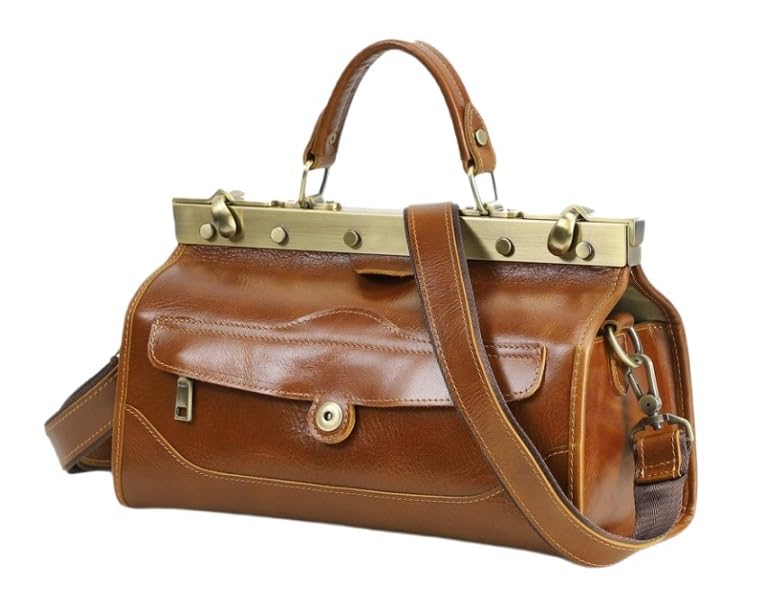 Sac à main multi-compartiments en cuir véritable avec bandoulière et fermoir rigide