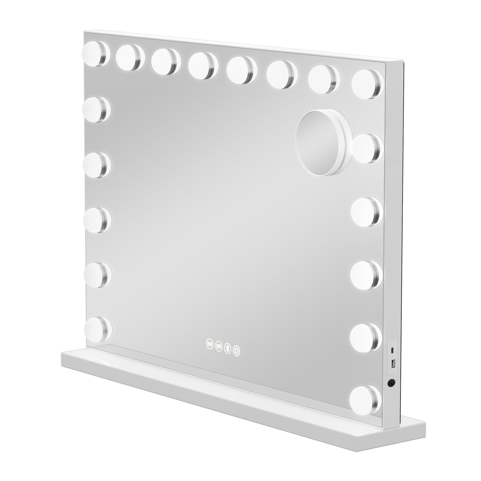Espejo de Maquillaje con Bluetooth, 80 x 60 cm, Espejo tocador con Luces de 18 LED Hollywood, montado en la Pared o en la Mesa, 3 Colores de luz y función de Brillo Ajustable
