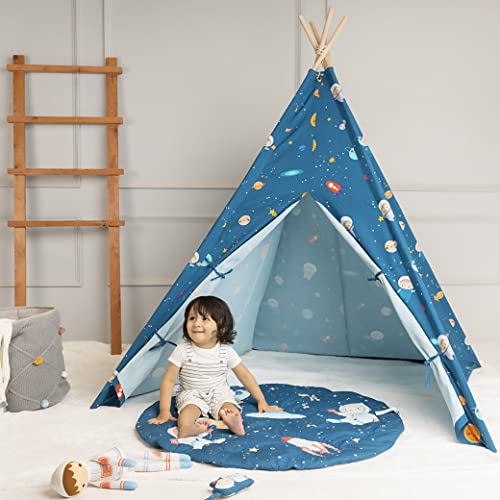 haus & kinder Cotton Canvas Portable Teepee Tents with 4 Pc Wooden Poles,4 Connectors&a Strings,Indoor Outdoor Play Tenthouse for Kids 2 Yrs to 14 Yrs (Spacewalk), Tent House Theme