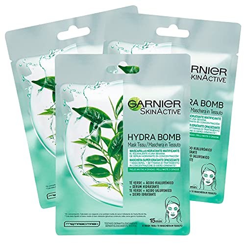 Garnier SkinActive Hydra Bomb - Mascarilla facial de tejido hidratante y matificante con te verde y ácido hialurónico, 3 unidades