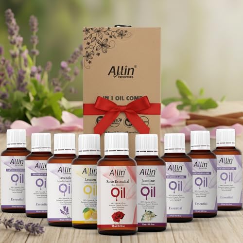 Image of Allin Exporters 9 in 1 Aroma Oil Combo Pack- Lavender, Rose, Citronella, Eucalyptus, Peppermint, Sandalwood, Lemon Grass, Lemon, Jasmine (9 x 15ml) Essential Oil for Home Fragrance, Aromatherapy