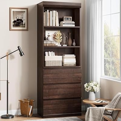 FinerFurnis Industrial Tall Bookcase with Doors & Drawers, 5-Tier Wooden Bookshelf, Metal Frame Storage Rack, Farmhouse Open Shelves & Cabinet Organizer for Office, Living Room, Bedroom, Red