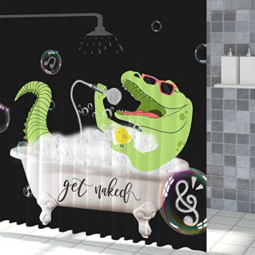 SDOTPMT 180x180cm Get Naked Shower Curtain Funny Green Dinosaur Showering in Bathtub Bath Curtain Cartoon Black Background Bathtub Curtain for Kids Bathroom Decor Polyester Fabric with Hooks - Image 3