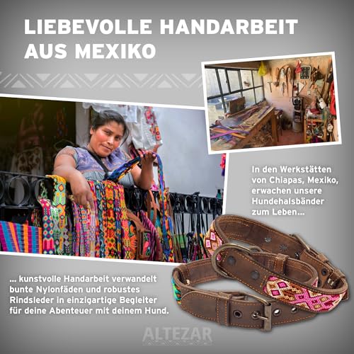 ALTEZAR Lederhalsband Hund - Doppelt Tribal Bestickt Rosa Weiß Pink Braun - Hochwertiges Hundehalsband Leder - Handgemacht in Mexiko - Größe XS - Halsband Hund für sehr kleine Hunde Leder breit