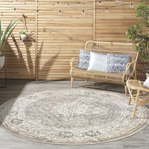 KUTA Oriental Round Rugs 5ft, Ivory Grey Yellow Washable Circle Rug 5ft, Non-Slip Printed Vintage Medallion Carpet for Living Room, Soft Cozy Dining Kitchen Throw for Entryway