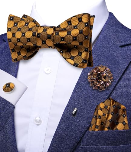 Image of Dubulle Self Tie Bow Ties and Lapel Pin for Men Paisley Solid Mens Bowtie and Handkerchief Cufflinks Set Wedding