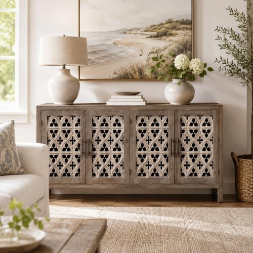Image of Farmhouse Buffet Sideboard Cabinet, Vintage Carved Wood Storage Cabinet with Doors for Dining Room, Living Room & Entryway, Antique Brown