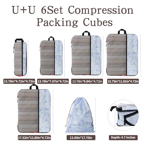 U+U 6 Set Compression Packing Cubes - Ultralight Travel Organizers with Laundry Bag, Space-Saving Suitcase Organizer for Travel, Business Trip and Family Vacation (Blue Flower) — view 5