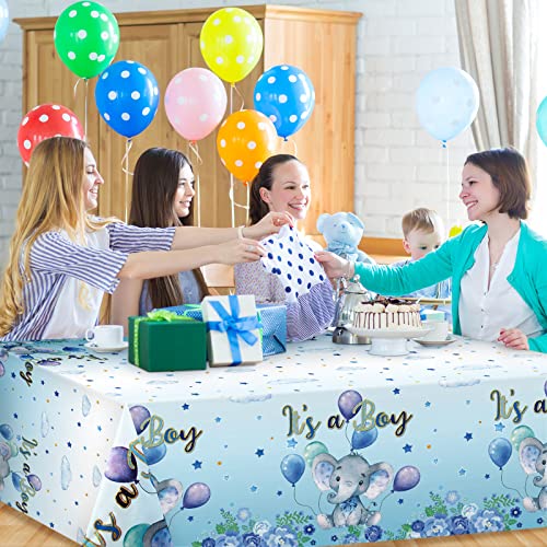 Image of Moukeren 3 Pack Elephant Tablecloth Baby Shower Decorations Plastic Table Cover Rectangle Table Decors for Boy Girl Gender Reveal Birthday Party Supplies, 54 x 108 Inch (Blue,Boy)