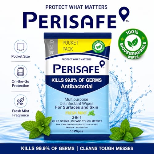 Image of PERISAFE Multipurpose Disinfectant Wipes For Surfaces & Skin | 10 Wipes (Pack of 24) | 100% Biodegradable | Antibacterial | 2-IN-1 | Kills Germs & Cleans Tough Messes | Fresh Mint