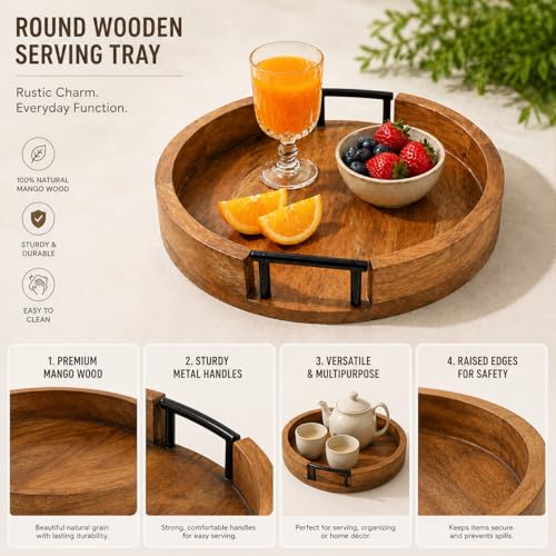 Image of D&G Homes Sheesham Wood Round Serving Tray | Premium Handcrafted Wooden Tray for Home, Kitchen, Dining Table, Restaurant, Office Organizer| Indian Craftsmanship