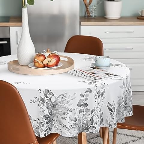 Ablecozy Eucalyptus Leaves Tablecloth Waterproof Fabric,Round Watercolor Oil-Proof Wrinkle Resistant Table Cover for Dining Table, Buffet Parties and Campin,Grey Leaves(60" inch Round) Cover