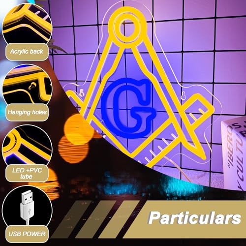 Image of Mutank Masonic Neon Sign, USB Powered Dimmable LED Neon Light Symbolic Decor, for Brotherhood Historical Wall Game Room Study Man Cave Wall Decor, Gifts for Freemasons and Brothers(12.9 * 12.2 In)