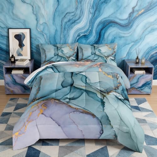 HOSIMA Gold and Blue Marble Abstract Queen Comforter with 2 Pillowcases.
