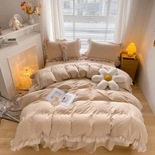 Chic Ruffle Lace Polyester Duvet Cover Set-Comforter Set-3-Piece Set with Zipper Closure(210x245cm) and 2 Pillow Shams -Ultra Soft and Light Weight-NO Including Comforter