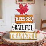 OLANRUN Thanksgiving Fall Decorations for Home, 4 PCS Wooden Fall Table Decor with Letter, Handmade Crafts Autumn Thanksgiving Decor Indoor for Office Farmhouse Home Bedroom Kitchen Mantel Tiered Tray