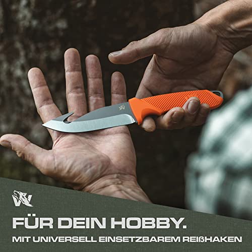 Foto von Wolfgangs WHUNTER 2 Jagdmesser feststehende Klinge mit Aufbrechhaken aus starkem 420er Stahl (Durchgängiger Erl) - Aufbrechmesser auch als Angelmesser - Survival Outdoor Messer mit robuster Scheide