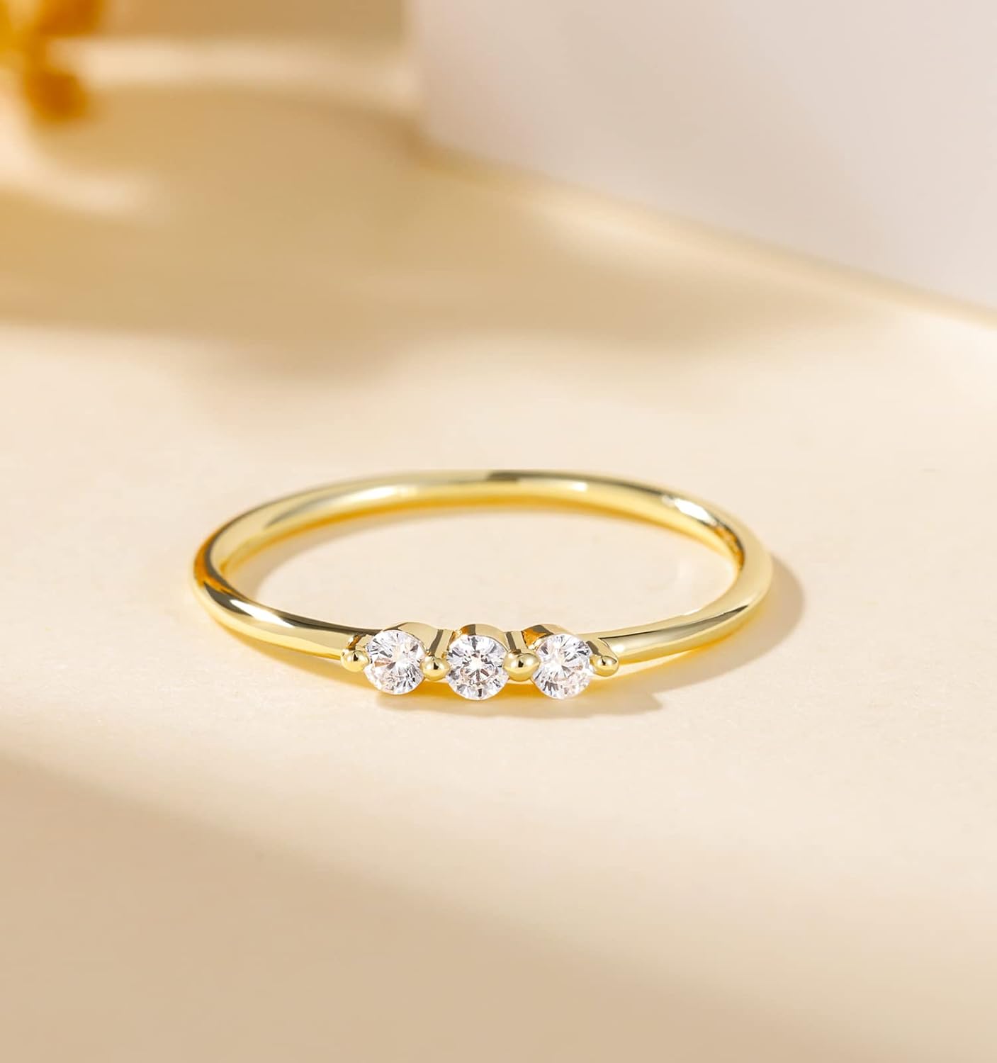 TIGRADE 1.5mm Eternity Ring 14k Gold Plated Three Cubic Zirconia Minimalist Engagement Ring Petite Round CZ Stacking Promise Ring for Women Size 3-11 - Image 2