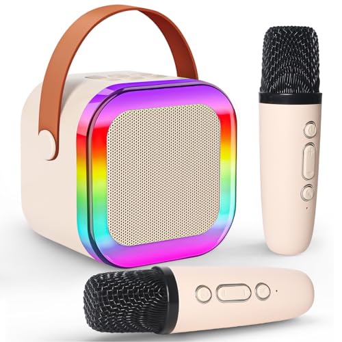 Jsdoin Karaoke Machine 2 Microphones, Portable Karaoke Machine With Led Light, Birthday Presents Microphone For Kids Families Birthday Party Gifts(Beige)