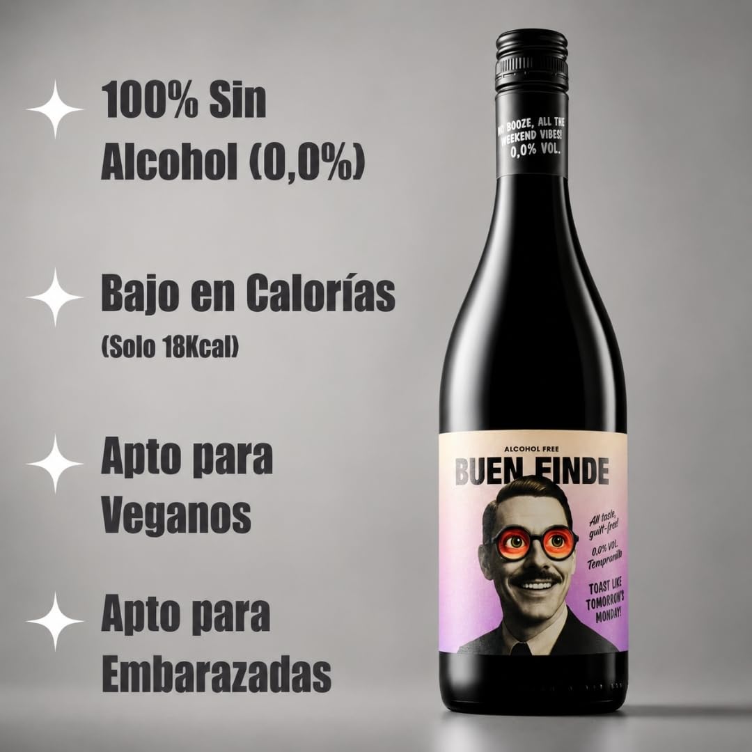 Buen Finde® Vino Sin Alcohol 0,0% Tinto Tempranillo | Pack 6 Botellas x 750 ml | Vino Desalcoholizado Premium | Bajo en calorías, vegano, equilibrado y afrutado