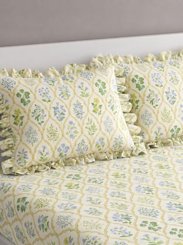 Image of DECOMIZER 300 TC Soft Cotton Feel Microfiber All Around Elastic Fitted Super King Bedsheet with 2 Frill Pillow Covers King Size (72x78) Fits Upto 12 inches Mattress | Yellow Jaipuri