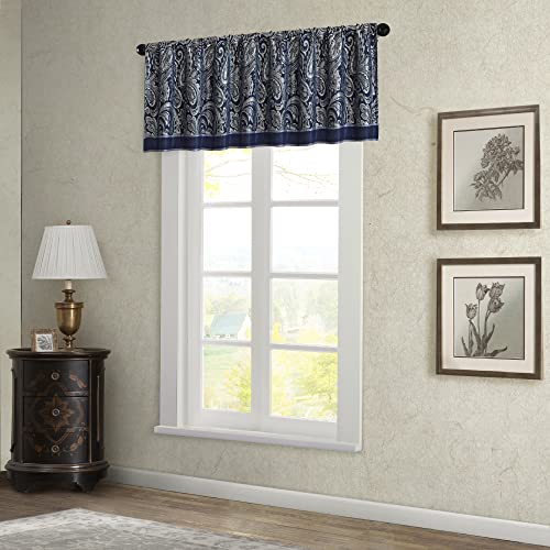 Madison Park Aubrey Faux Silk Paisley Jacquard, Rod Pocket Curtain With Privacy Lining For Living Room, Kitchen, Bedroom And Dorm, 50 In X 18 In, Navy Valance #TOP1