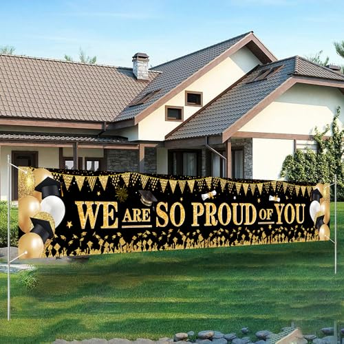 We Are So Proud of You Banner 120x20 Inch | Graduation Decorations Class of 2026 | Black and Gold Congrats Grad Banner Signs Graduation Yard Banner Decorations